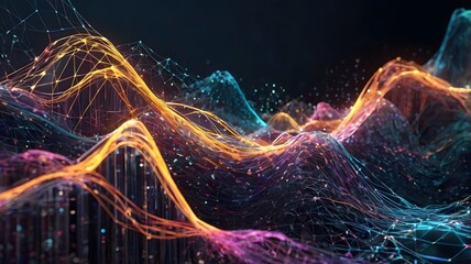 Cyber Big Data Flow & Blockchain Data Fields: Network Line Stream, AI Technology, Digital Communication & Science Research - 3D Illustration of Music Waves
