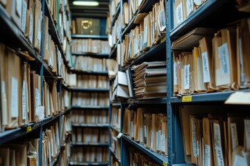 Obraz premium A narrow aisle between shelves filled with organized folders and documents in a storage archive, showcasing a typical filing system.