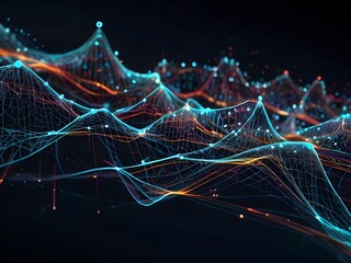Cyber Big Data Flow & Blockchain Data Fields: Network Line Stream, AI Technology, Digital Communication & Science Research - 3D Illustration of Music Waves