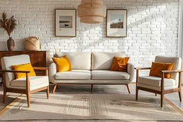 Scandinavian interior design featuring a sofa, white brick wall, wooden coffee table, two armchairs with yellow pillows, and a sideboard, creating a bright and airy room with natural color tones and