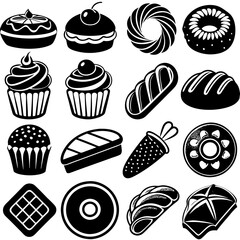 Design a gradient icon set of 16 bakery items Set  art vector illustration