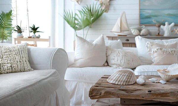 A cozy living room with white decor, including a sofa with pillows, seashells on a rustic wooden coffee table, and nautical-themed decorations like a sailboat model and a seascape painting in the back