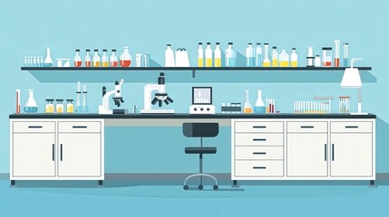 Illustration of a modern laboratory featuring equipment, glassware, and a microscope on a clean workspace.