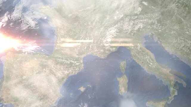 Earth zoom in from space and focus on Miramas, France. Background for travel intro or blog. Satellite view. 3D style Animation. Images from NASA.