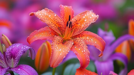 Vibrant orange lily with water droplets and pink bokeh