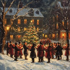 Obraz premium festive winter scene choir singing carols around beautifully decorated Christmas tree snow.