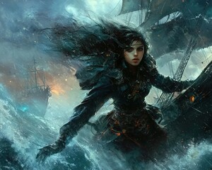 Obraz premium A fierce female warrior navigates stormy waters, embodying strength and adventure amidst a backdrop of pirate ships.