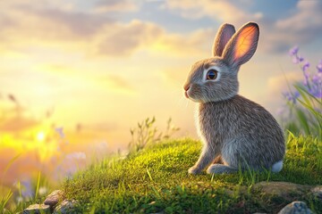 Close-up of a rabbit sitting on a grassy hill with a sunset background