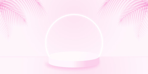 Podium with neon light for display and palm leaf shadow on light pink background