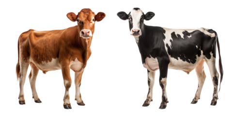 Brown cow with black and white cow standing together, isolated on transparent background