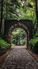 Obraz premium A serene stone archway surrounded by lush greenery, inviting exploration along a tranquil pathway in the forest.