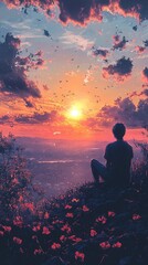 Obraz premium A serene sunset scene with a person sitting quietly among flowers, gazing at the colorful sky and reflecting on nature's beauty.
