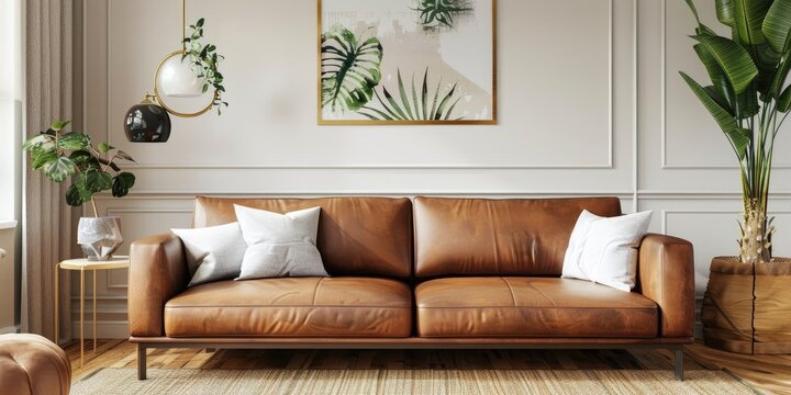 Modern living room interior with brown eco leather couch plush cushions gilded mirror framed artwork and potted houseplant