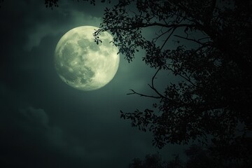 Naklejka premium A stunning full moon glows brightly against a dark sky, framed by silhouettes of trees, creating a mystical night scene.