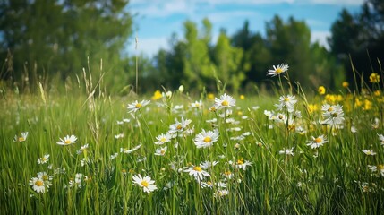 A vibrant meadow filled with blooming daisies and lush greens under a clear blue sky, perfect for nature lovers.