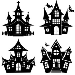 scary Halloween house black silhouette Set  art vector illustration