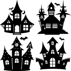 scary Halloween house black silhouette Set  art vector illustration