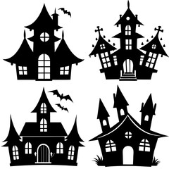 scary Halloween house black silhouette Set  art vector illustration