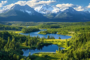 Fototapeta premium Mountainous Landscape with Lush Greenery and a Serene Lake, a Breathtaking View in Nature's Majesty