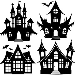 scary Halloween house black silhouette Set  art vector illustration