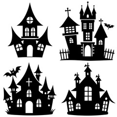 scary Halloween house black silhouette Set  art vector illustration