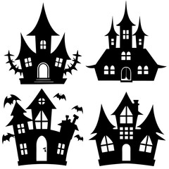 scary Halloween house black silhouette Set  art vector illustration