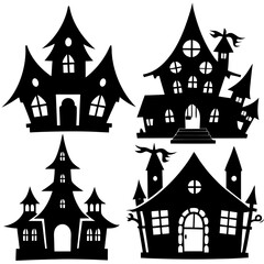 scary Halloween house black silhouette Set  art vector illustration