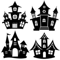 scary Halloween house black silhouette Set  art vector illustration