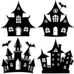 scary Halloween house black silhouette Set  art vector illustration