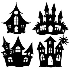 scary Halloween house black silhouette Set  art vector illustration