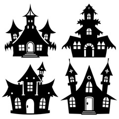 scary Halloween house black silhouette Set  art vector illustration