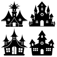 scary Halloween house black silhouette Set  art vector illustration