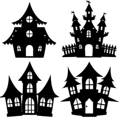 scary Halloween house black silhouette Set  art vector illustration
