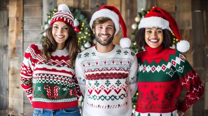 Obraz premium Cheerful friends in festive sweaters and Santa hats, celebrating the holiday season in a cozy, decorated setting.