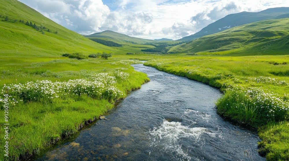 Canvas Prints Stream in Green Meadow with Mountain View.