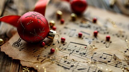 Festive arrangement of red ornament and vintage sheet music, evoking holiday spirit and musical...