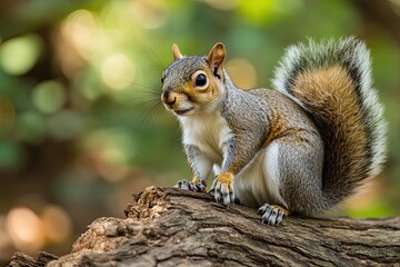 Naklejka premium Close-up of a squirrel sitting on a log with a woodland background