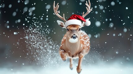 Enchanting Christmas Magic: Graceful Deer in Santa Hat Leaping Through Shimmering Snowy Forest, Generative AI