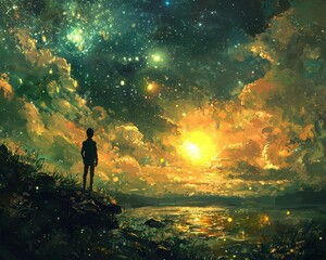 Fototapeta premium A breathtaking cosmic landscape featuring a figure against a vibrant starry sky and golden sunset, evoking wonder and serenity.
