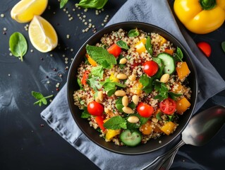 A dairy-free quinoa dish with a heart-healthy focus, offering a nutritious meal with Mediterranean flavors and vibrant ingredients.