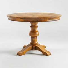 Round wooden dining table with a pedestal base and a rustic finish.  The table is perfect for a small dining area or kitchen.