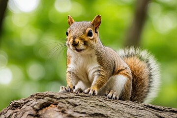 Obraz premium Close-up of a squirrel sitting on a log with a woodland background
