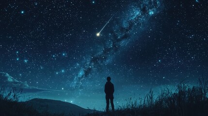 lone figure gazing starry sky filled shimmering stars bright comet serene night landscape.