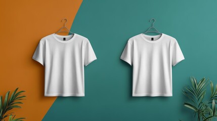 Two plain white t-shirts on hangers with colored backgrounds.