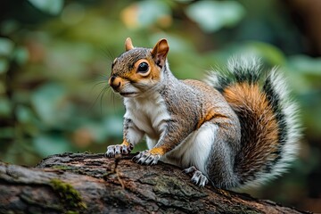 Obraz premium Close-up of a squirrel sitting on a log with a woodland background
