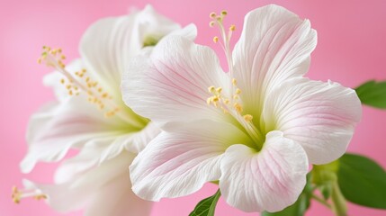 Close-up of delicate white hibiscus with pink accents
