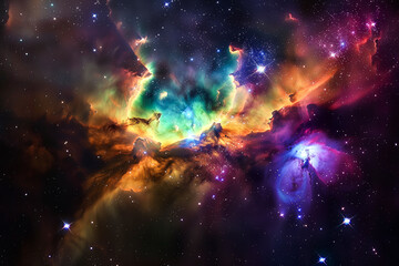 Fototapeta premium Colorful space galaxy cloud nebula. Cosmos night background. Generated AI image