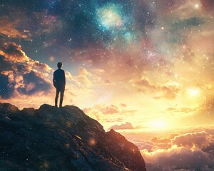 Fototapeta premium solitary figure stands atop mountain, gazing breathtaking cosmic sunset filled stars vibrant colors.