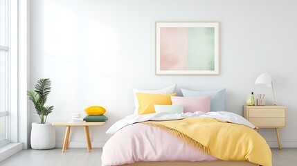 Bright and inviting bedroom interior featuring soft colors, cozy bedding, and minimalistic decor for a serene atmosphere.