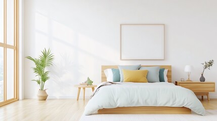 Bright and cozy bedroom with modern decor, featuring a comfortable bed, plants, and natural light streaming through large windows.